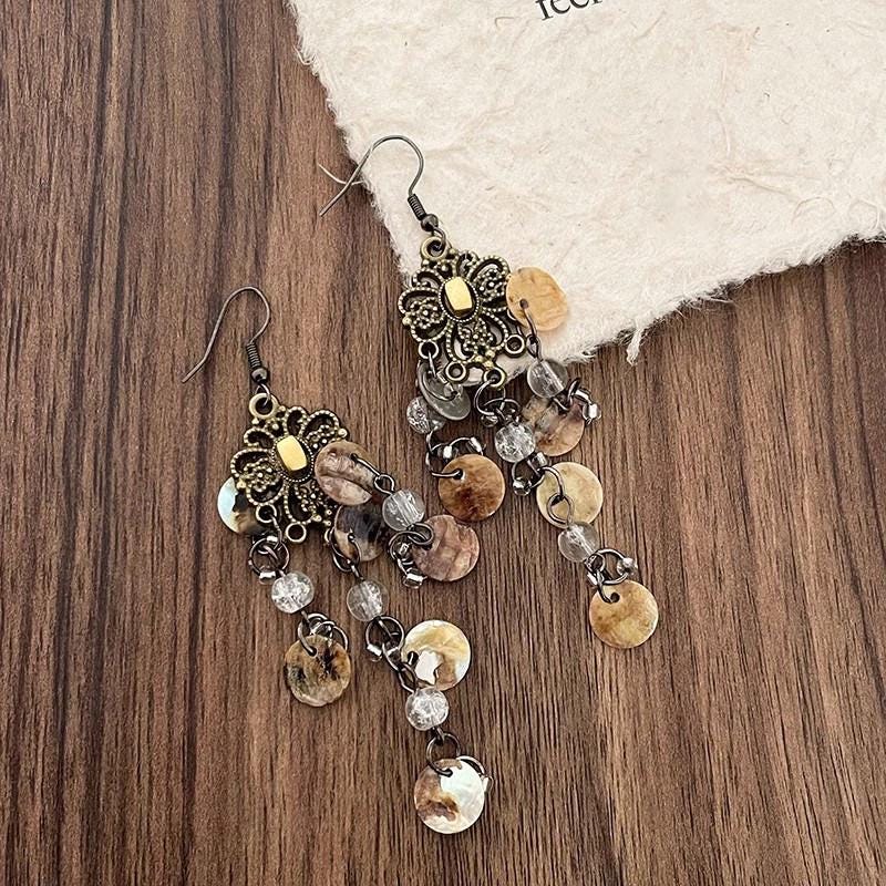 Vintage Metal Shell Long Tassel Fringe Earrings
