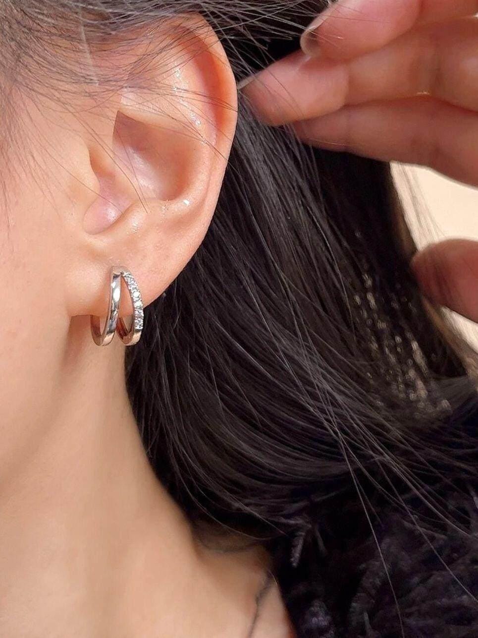 Double Layer Silver Hoop Earrings Zirconia Huggies