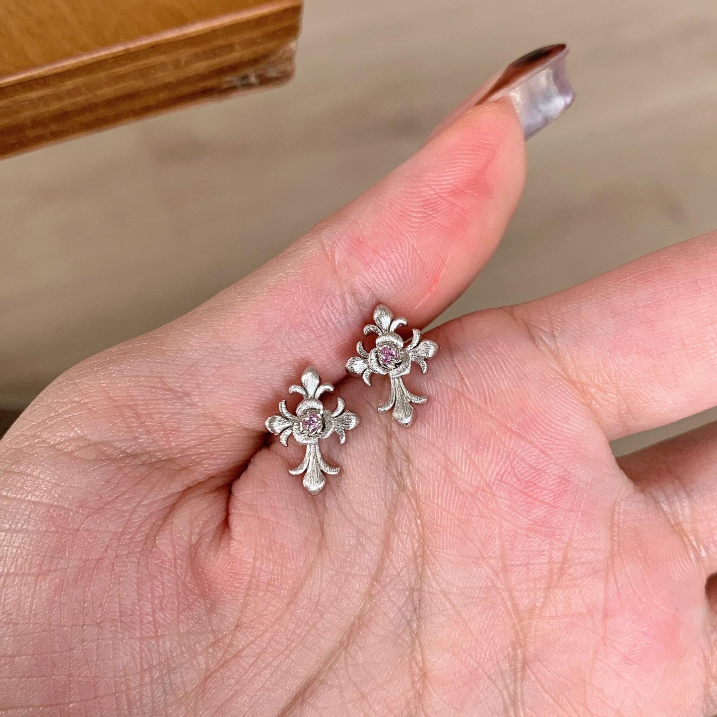 Sterling Silver Fleur De Lis Cross Earrings