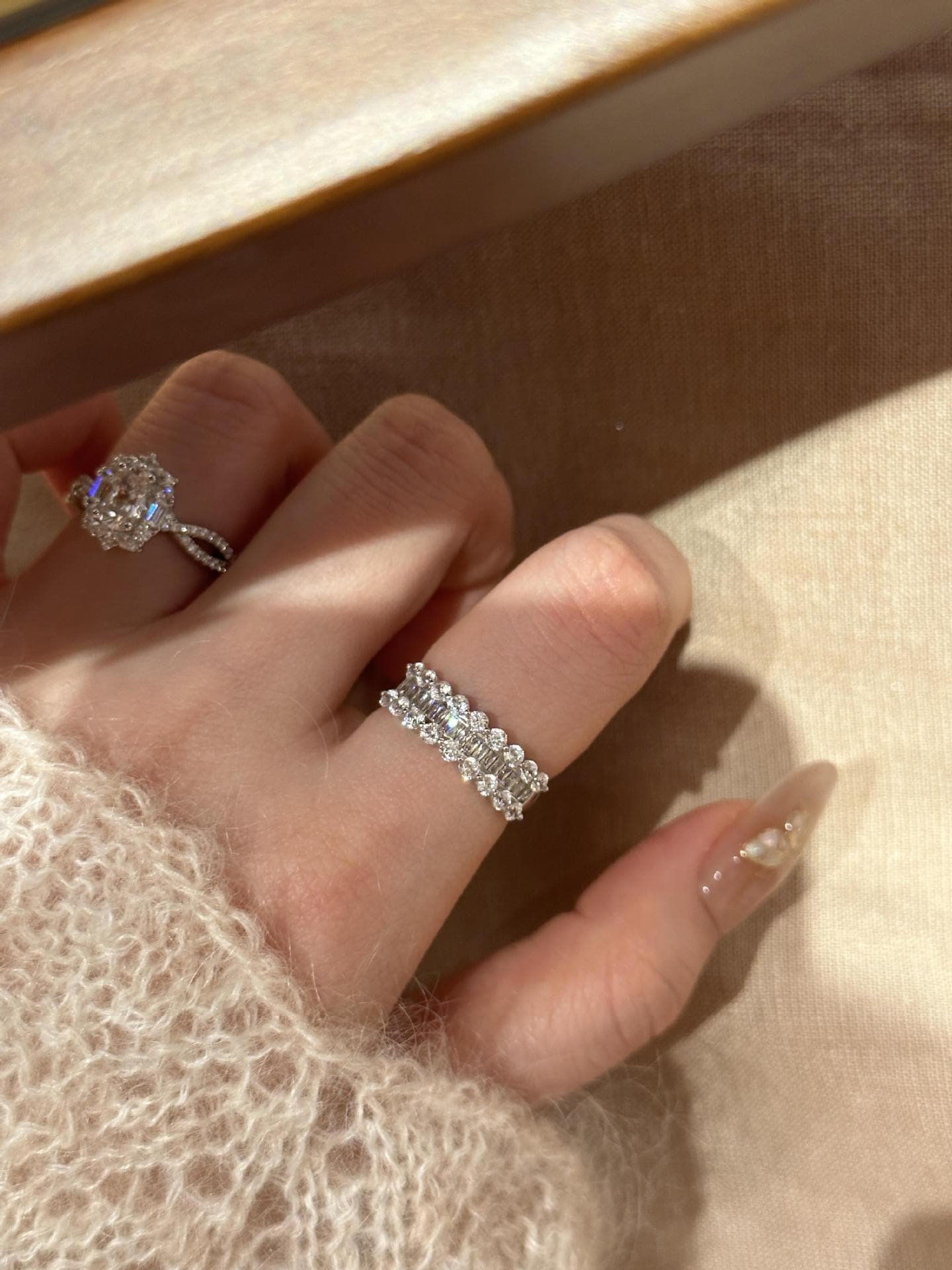 Baguette Crystal Huggie Earrings Lace Hem Silver