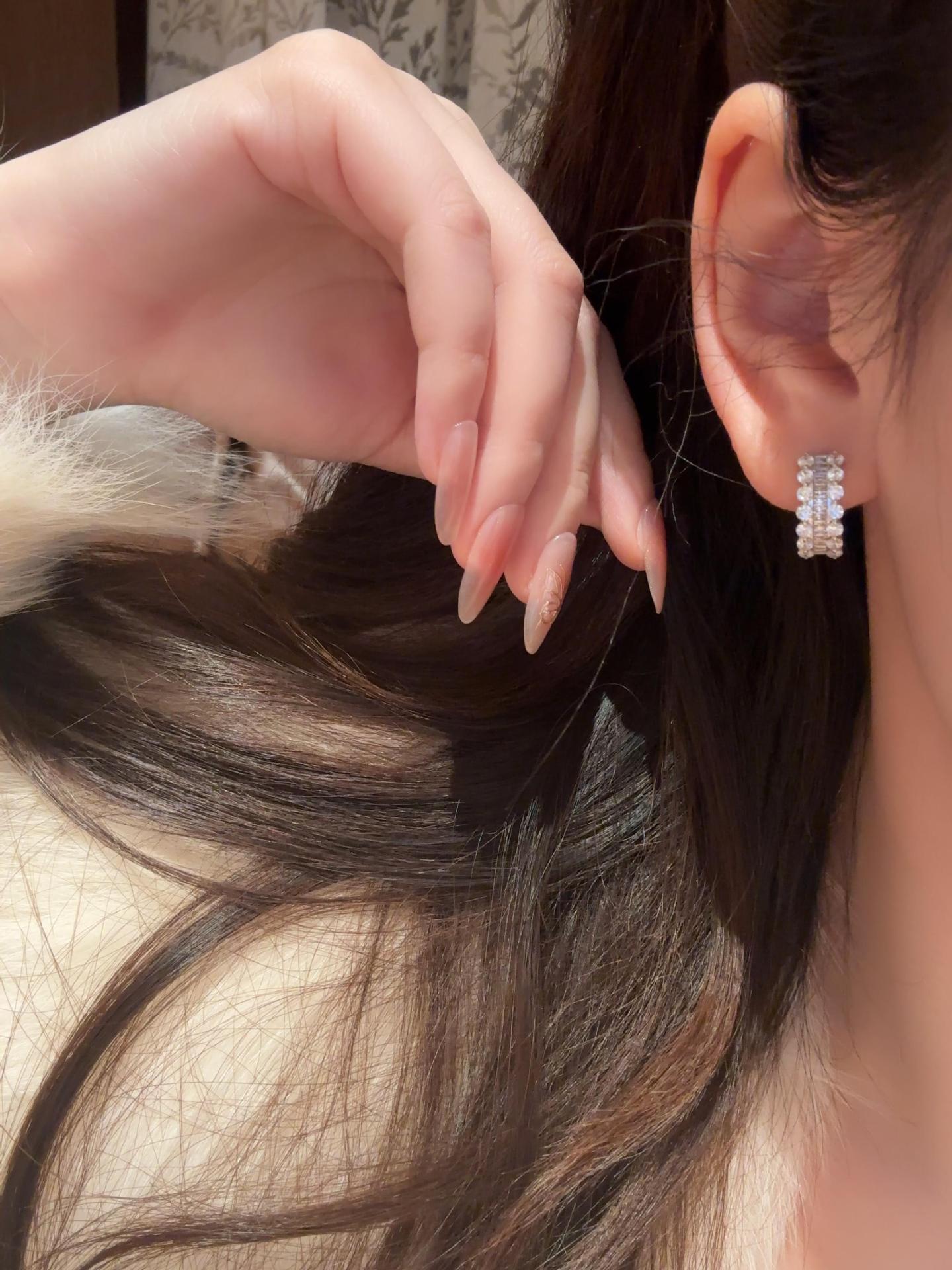 Baguette Crystal Huggie Earrings Lace Hem Silver