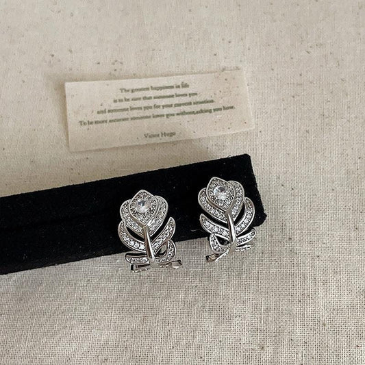 Sterling Silver Leaf Crystal Stud Earrings