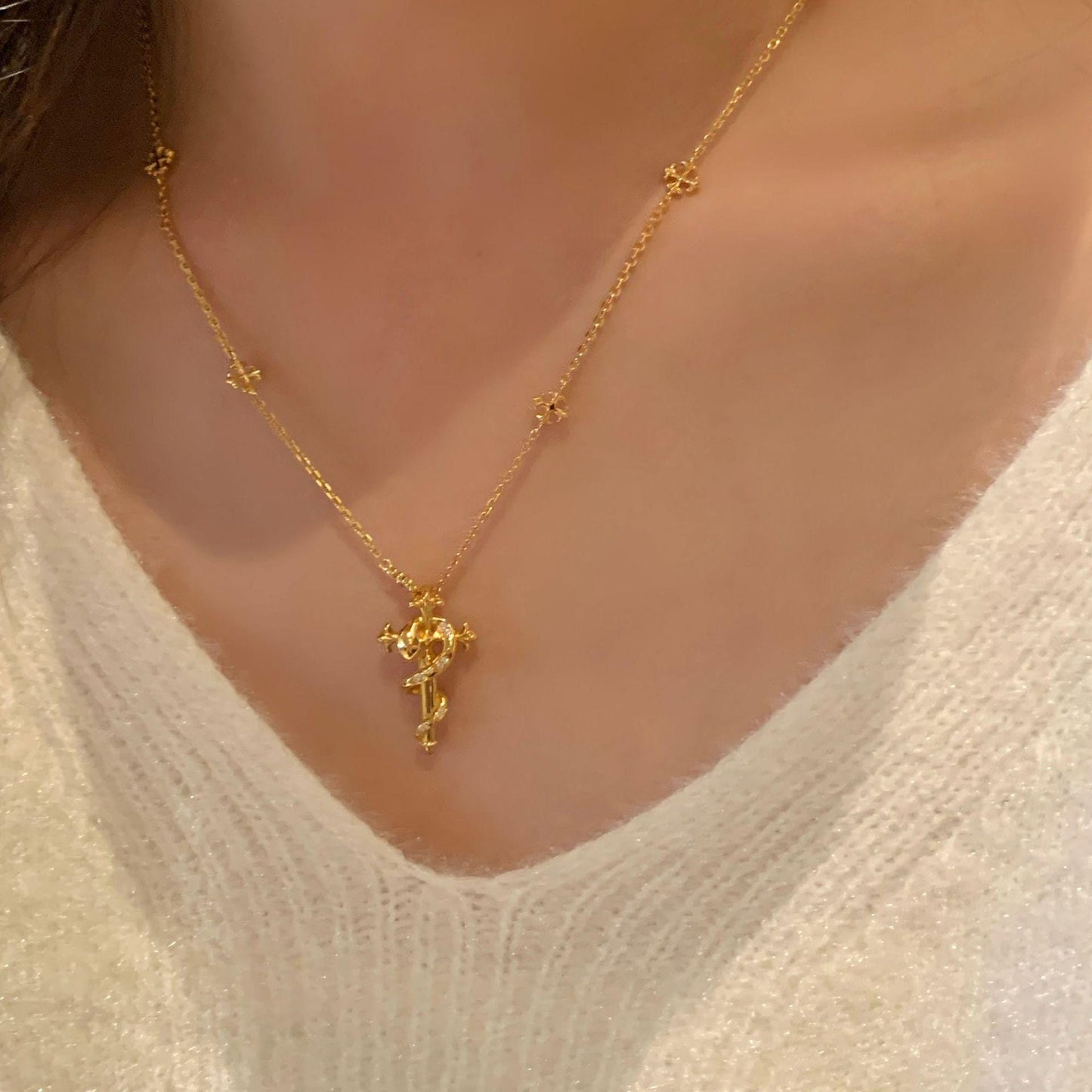 Sterling Silver Snake and Cross Crystal Necklace