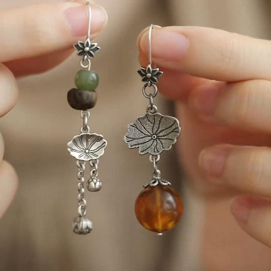 Antiqued Copper Asymmetric Lotus Leaf and Seed Pod Earrings