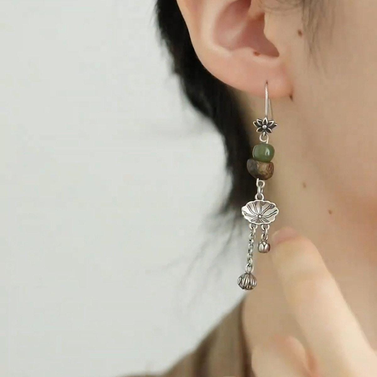 Antiqued Copper Asymmetric Lotus Leaf and Seed Pod Earrings