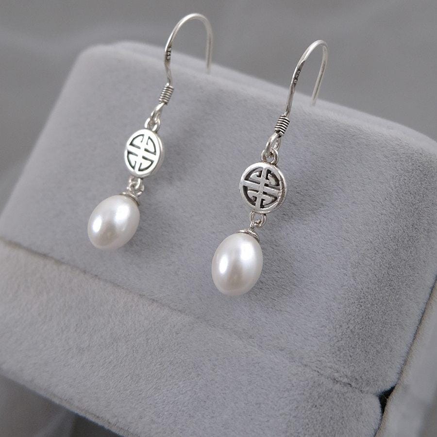S925 Sterling Silver Double Happiness Pearl Drop Earrings