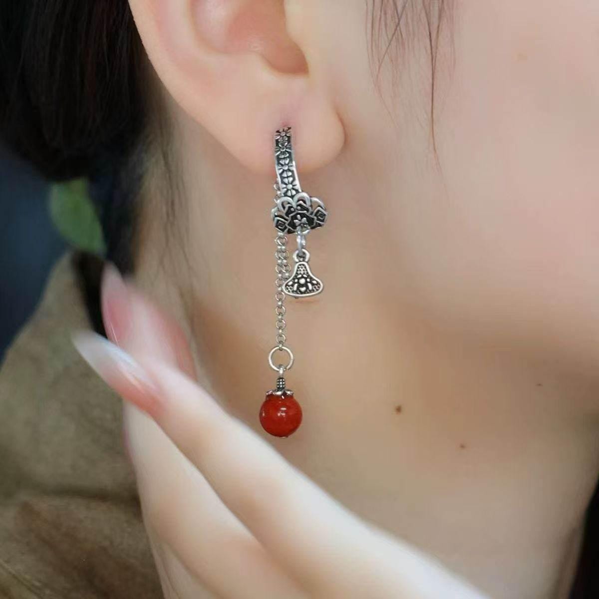 Red Agate Asymmetric Long Dangle Chinese Style Earrings
