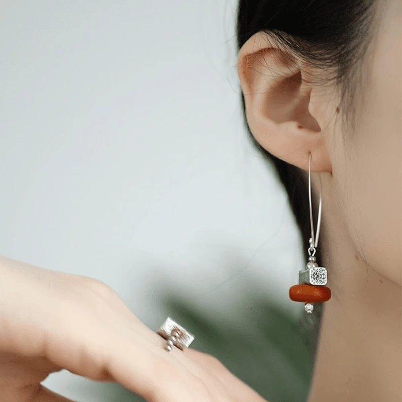 Red Agate Asymmetric Long Dangle Chinese Style Earrings