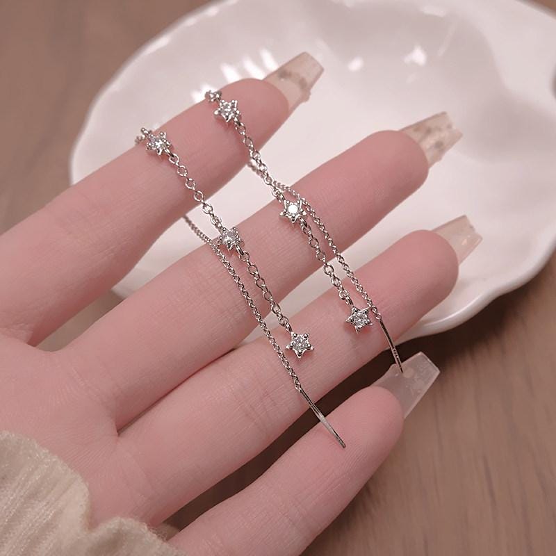 Silver Tone Star Threader Earrings with Cubic Zirconia