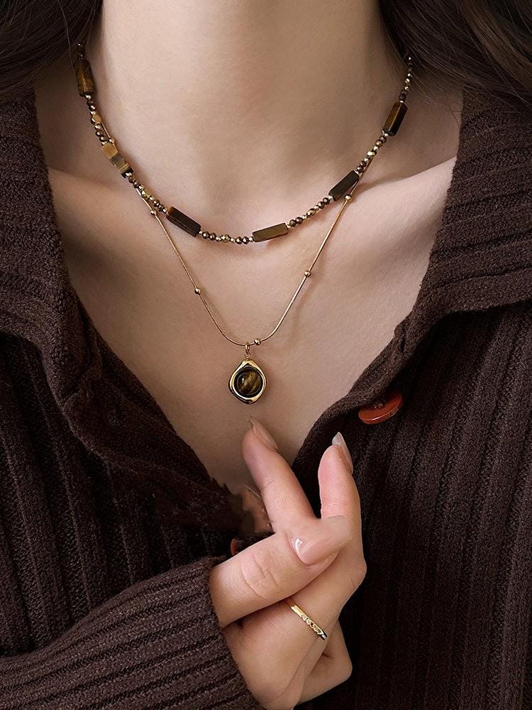 Maillard Tiger Eye Beaded Sweater Chain Necklace