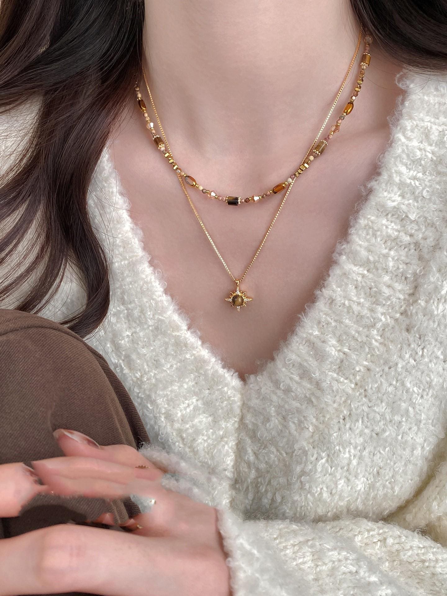 Maillard Tiger Eye Beaded Sweater Chain Necklace