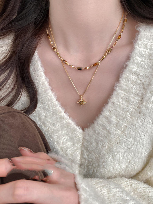 Maillard Tiger Eye Beaded Sweater Chain Necklace