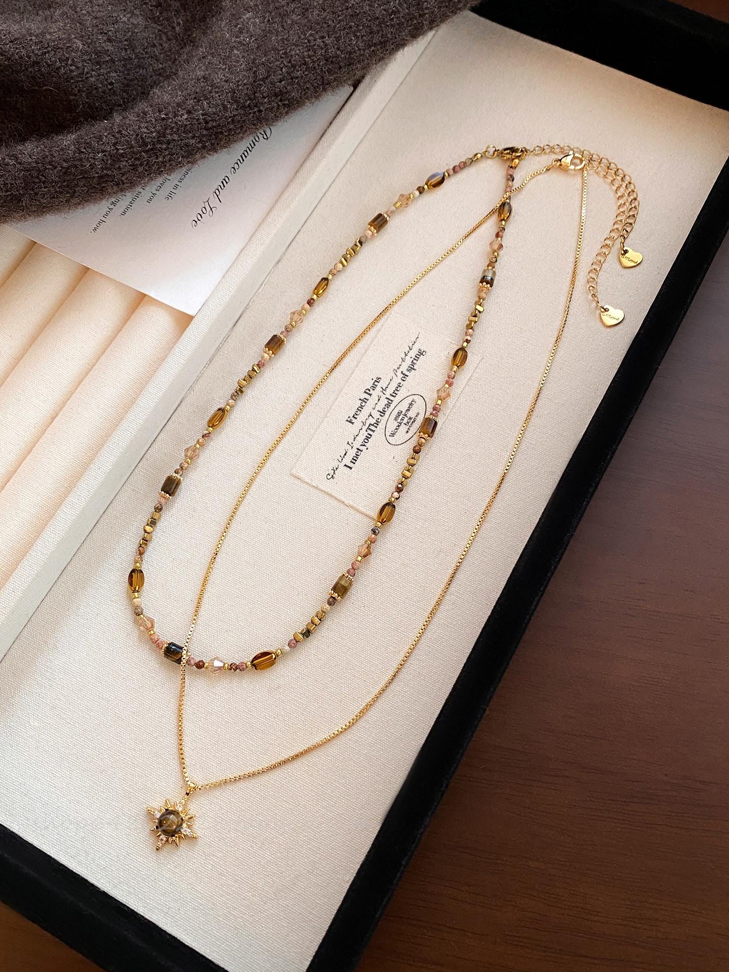 Maillard Tiger Eye Beaded Sweater Chain Necklace