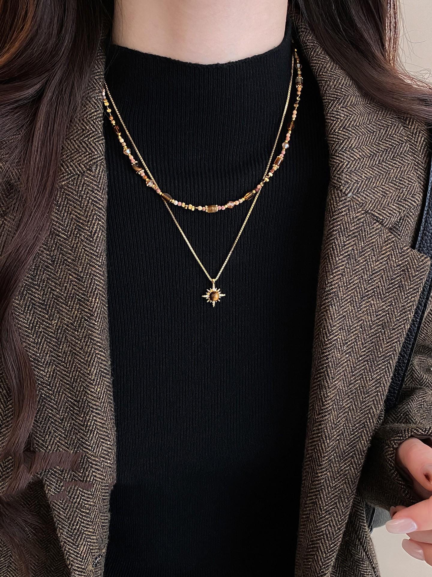 Maillard Tiger Eye Beaded Sweater Chain Necklace