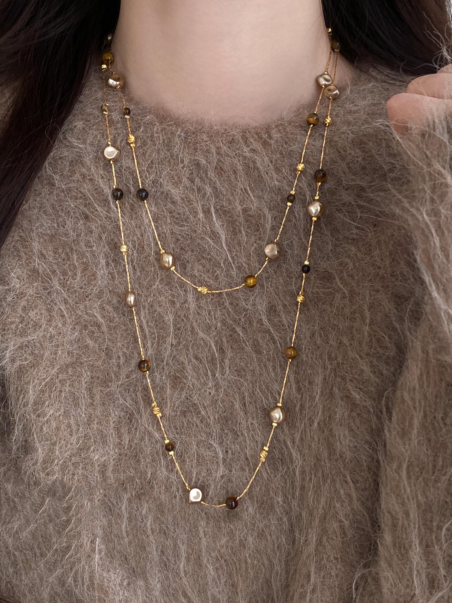 Maillard Tiger Eye Beaded Sweater Chain Necklace