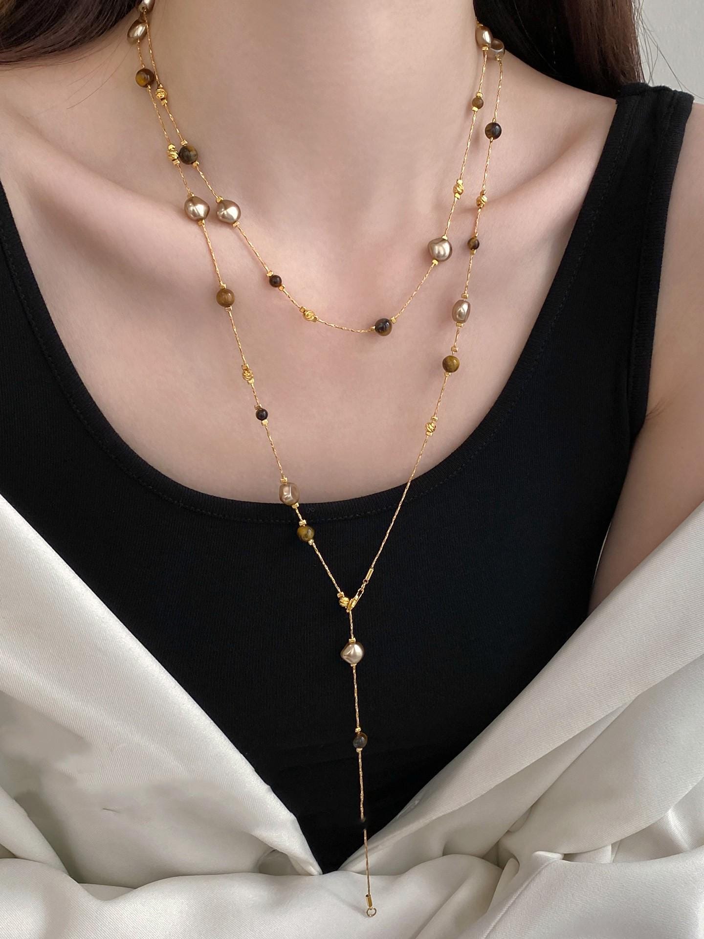 Maillard Tiger Eye Beaded Sweater Chain Necklace