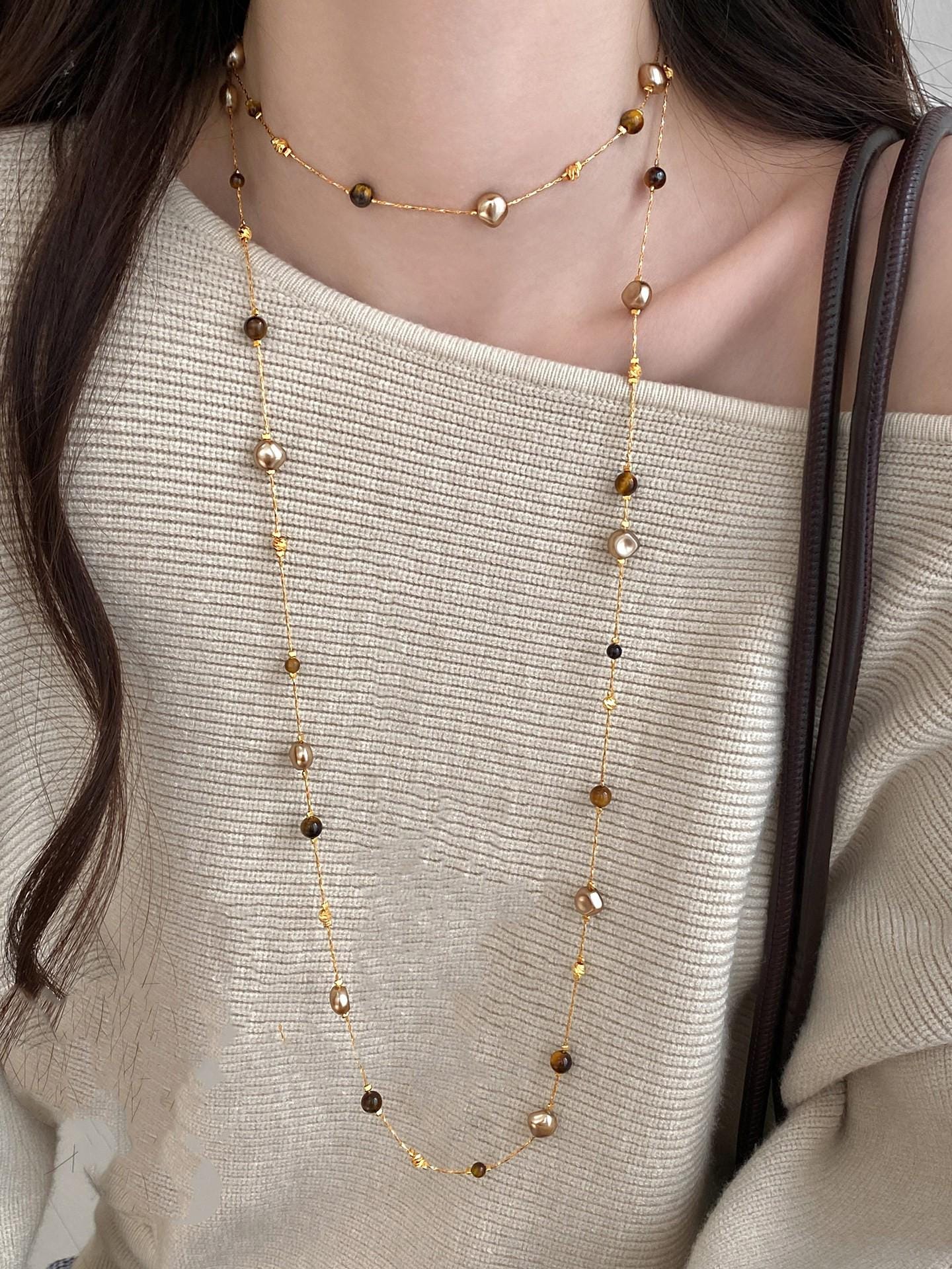 Maillard Tiger Eye Beaded Sweater Chain Necklace