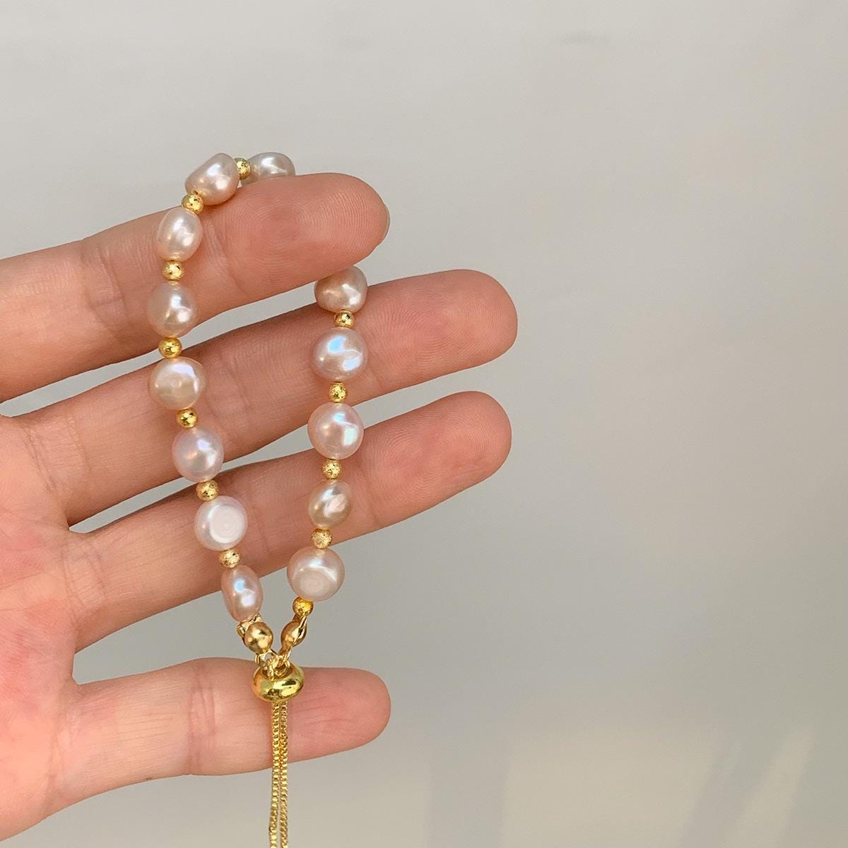 Blush Pink Pearl Stretch Bracelet Gold Bead