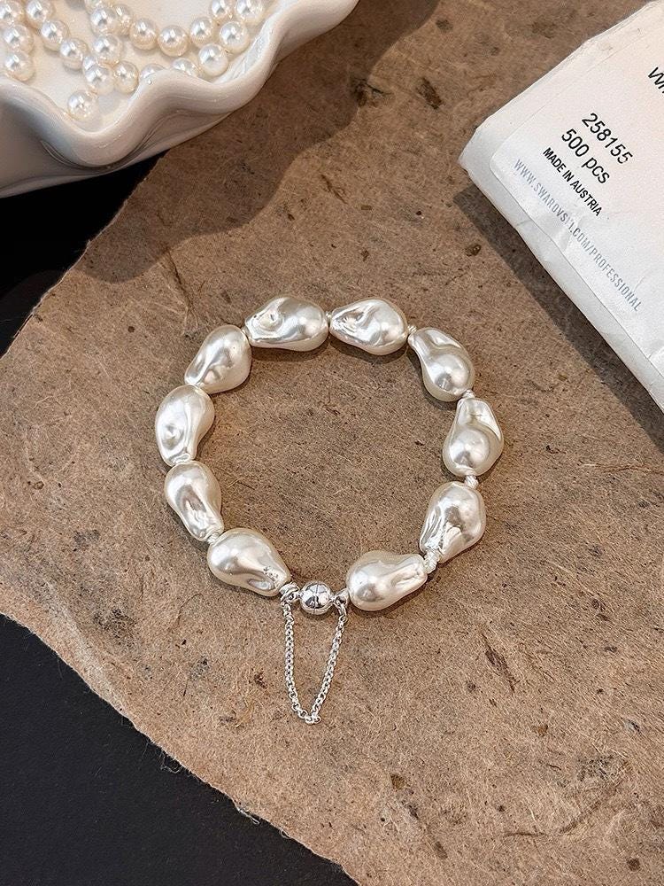 Blush Pink Pearl Stretch Bracelet Gold Bead