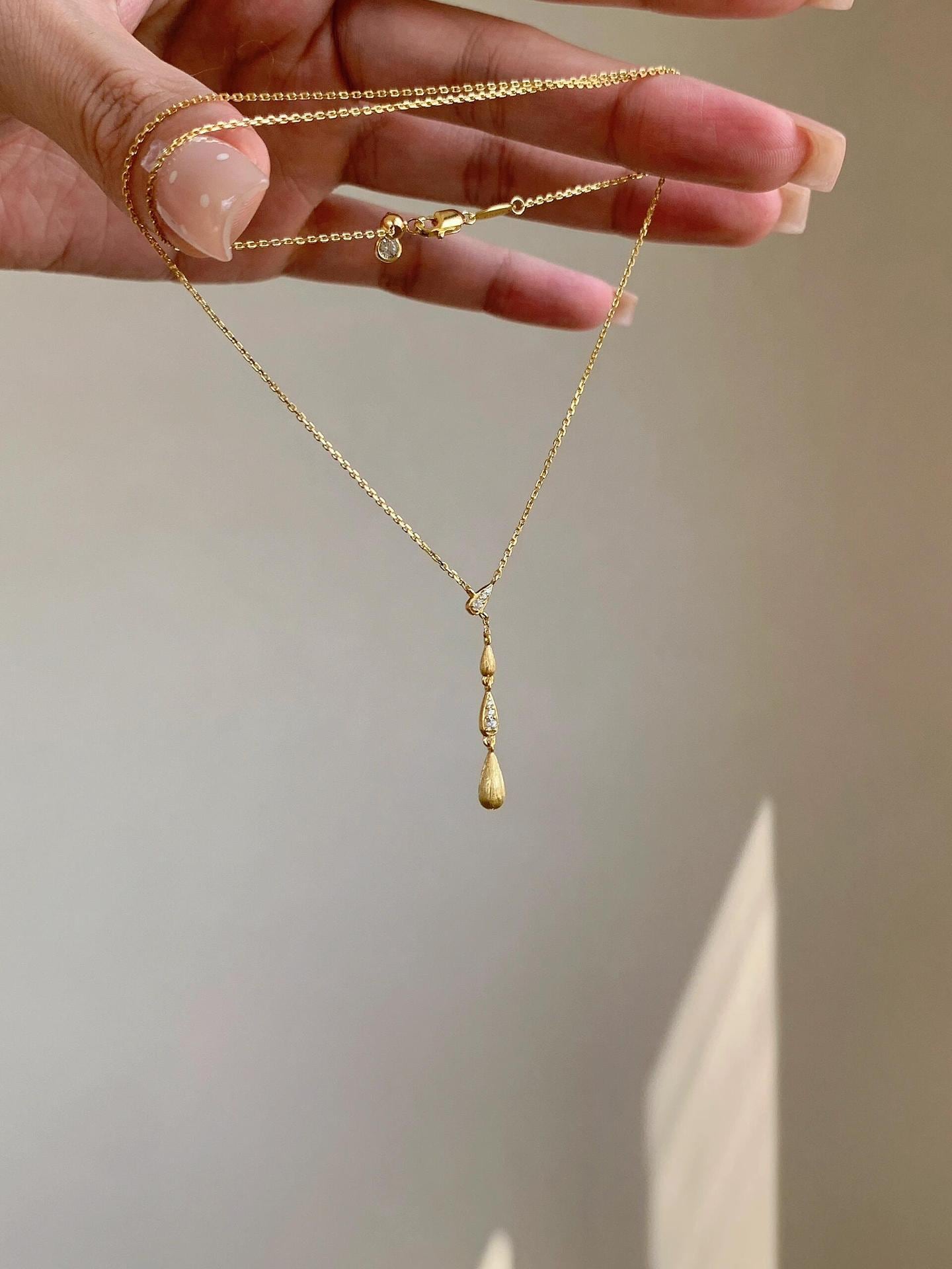 Brushed S925 Sterling Silver Zircon Water Drop Lariat Necklace