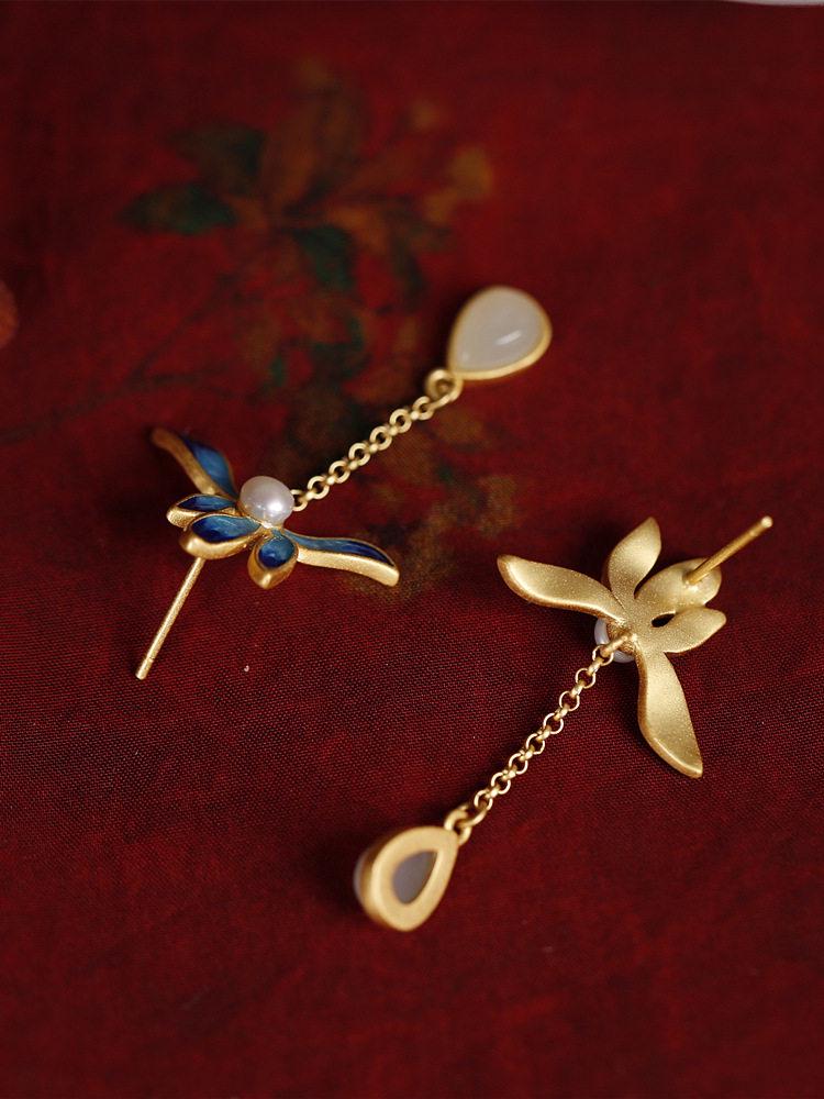 S925 Sterling Silver Enamel Lotus Pearl Drop Earrings