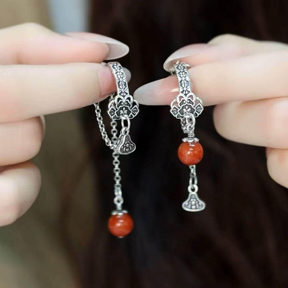 Red Agate Asymmetric Long Dangle Chinese Style Earrings