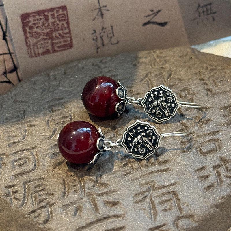 Red Agate Asymmetric Long Dangle Chinese Style Earrings