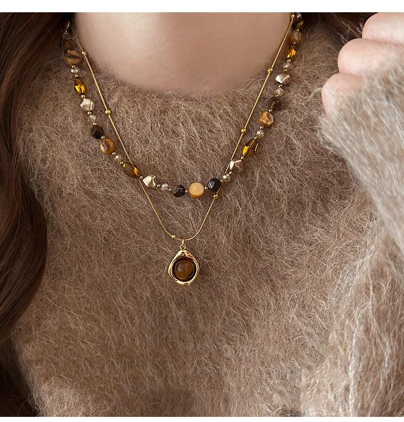 Maillard Tiger Eye Beaded Sweater Chain Necklace