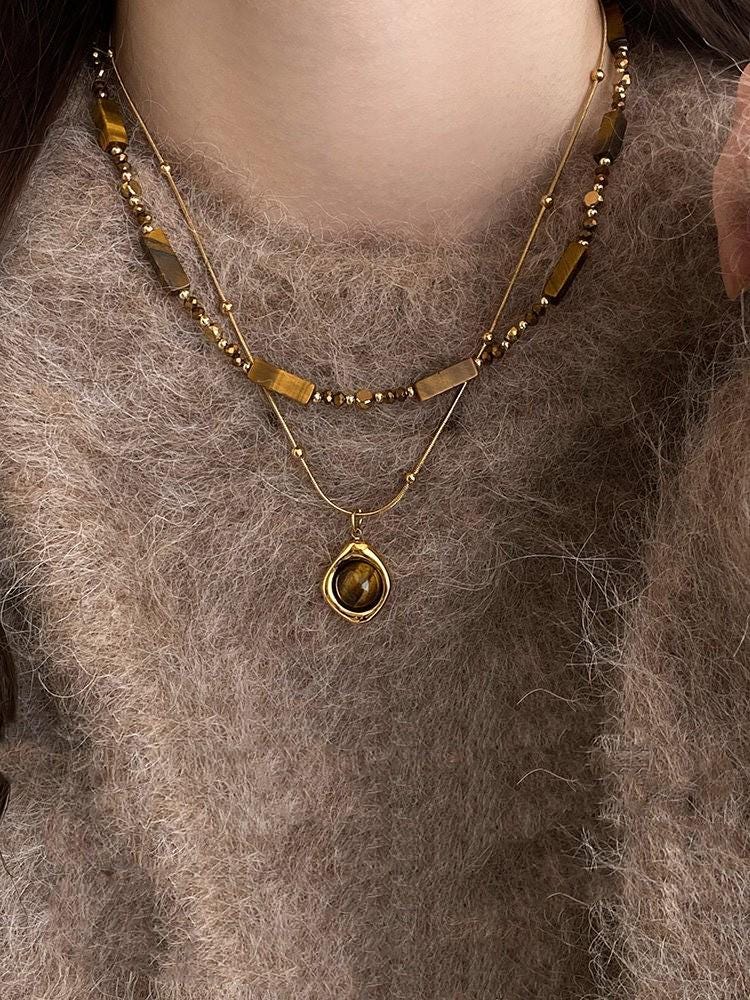 Maillard Tiger Eye Beaded Sweater Chain Necklace