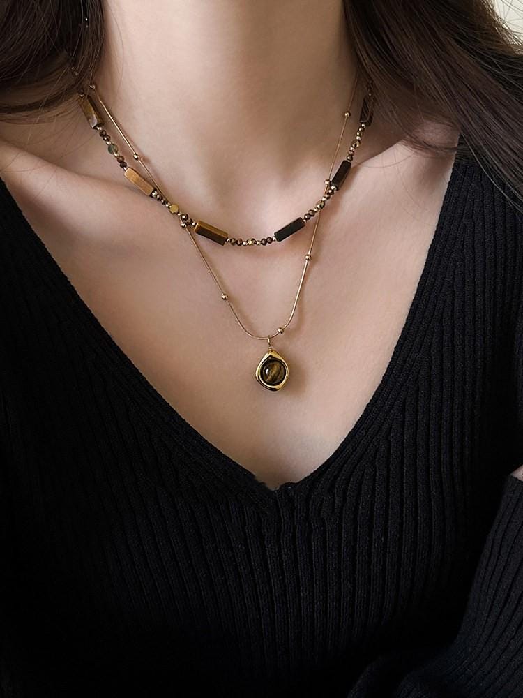 Maillard Tiger Eye Beaded Sweater Chain Necklace