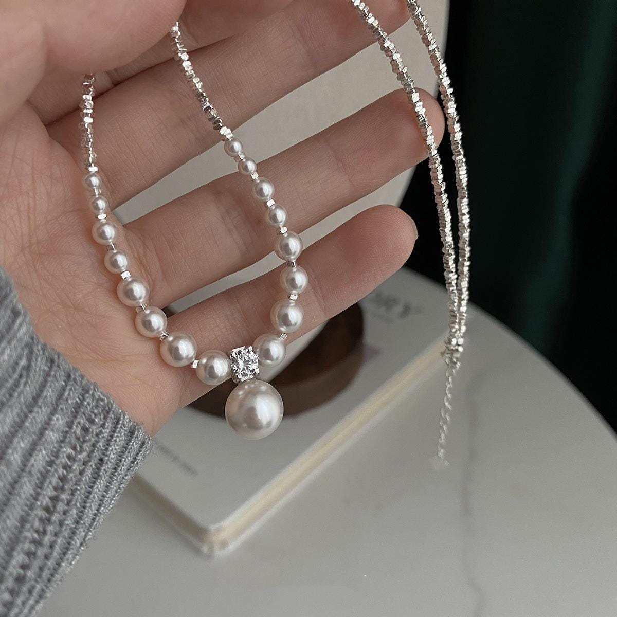 Silver Mixed Chain Pearl Choker Necklace