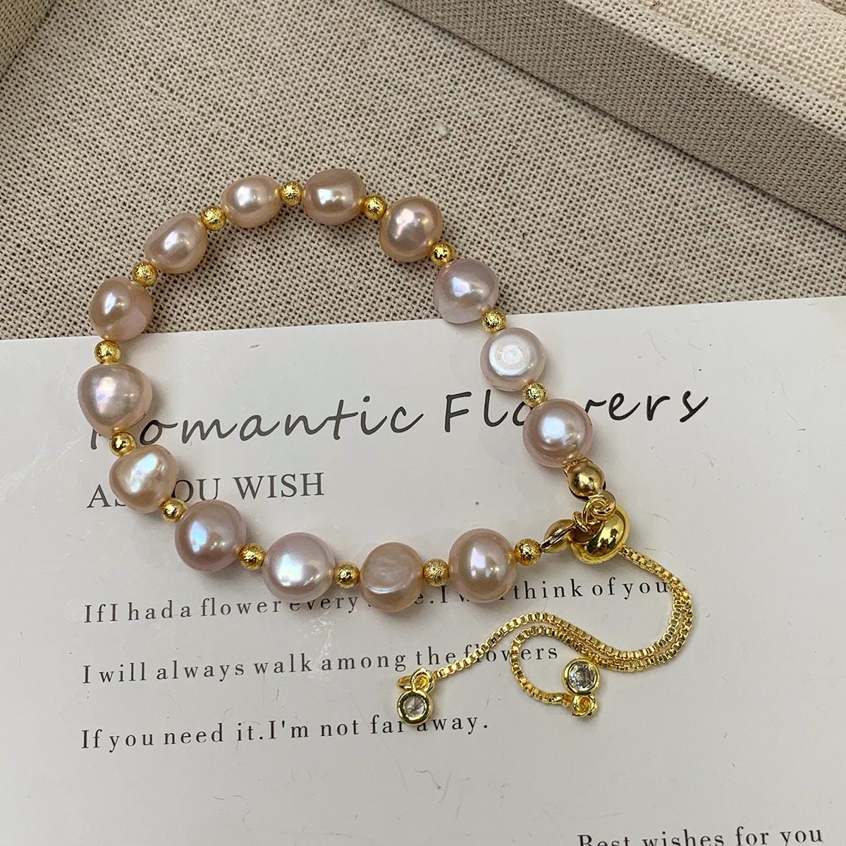 Blush Pink Pearl Stretch Bracelet Gold Bead