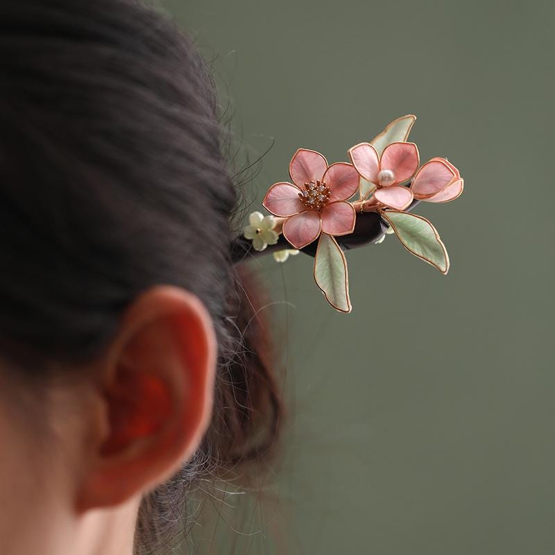 Ebony Hair Stick with Enamel Flower