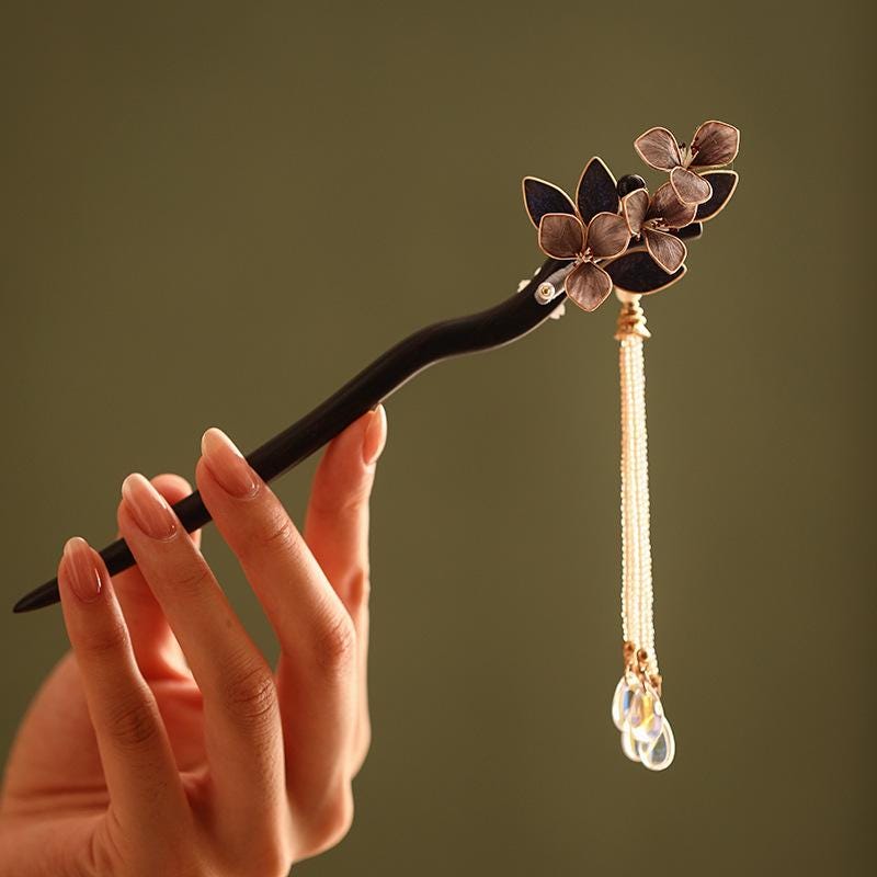 Ebony Hair Stick Blue Hydrangea Butterfly
