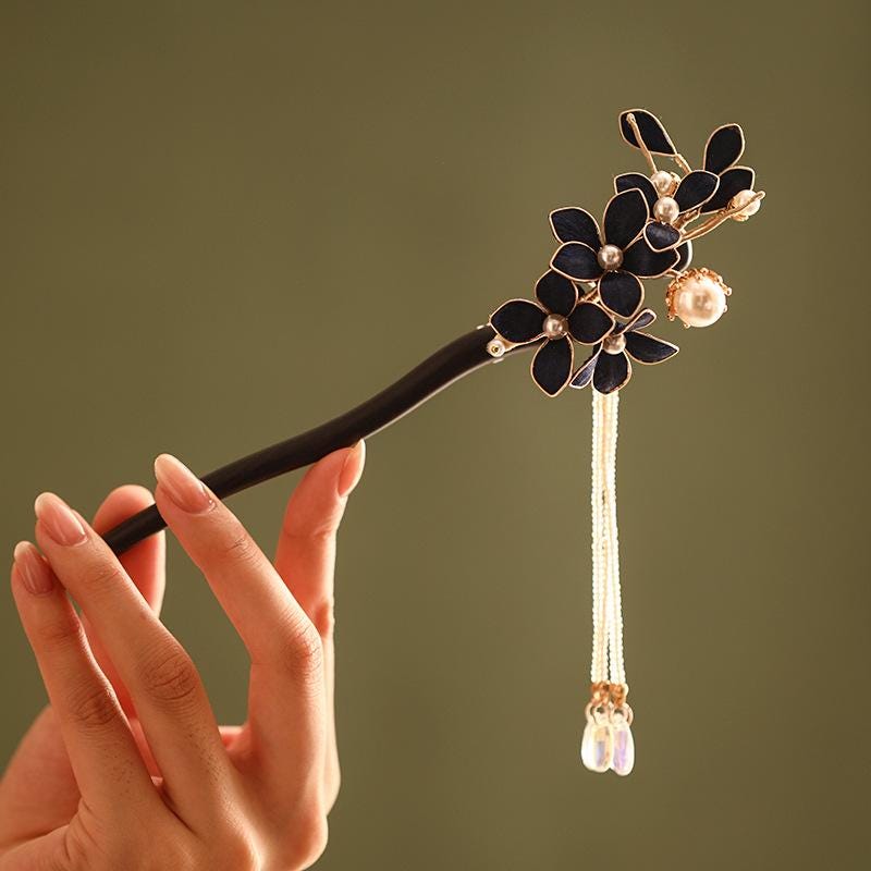 Ebony Hair Stick Blue Hydrangea Butterfly