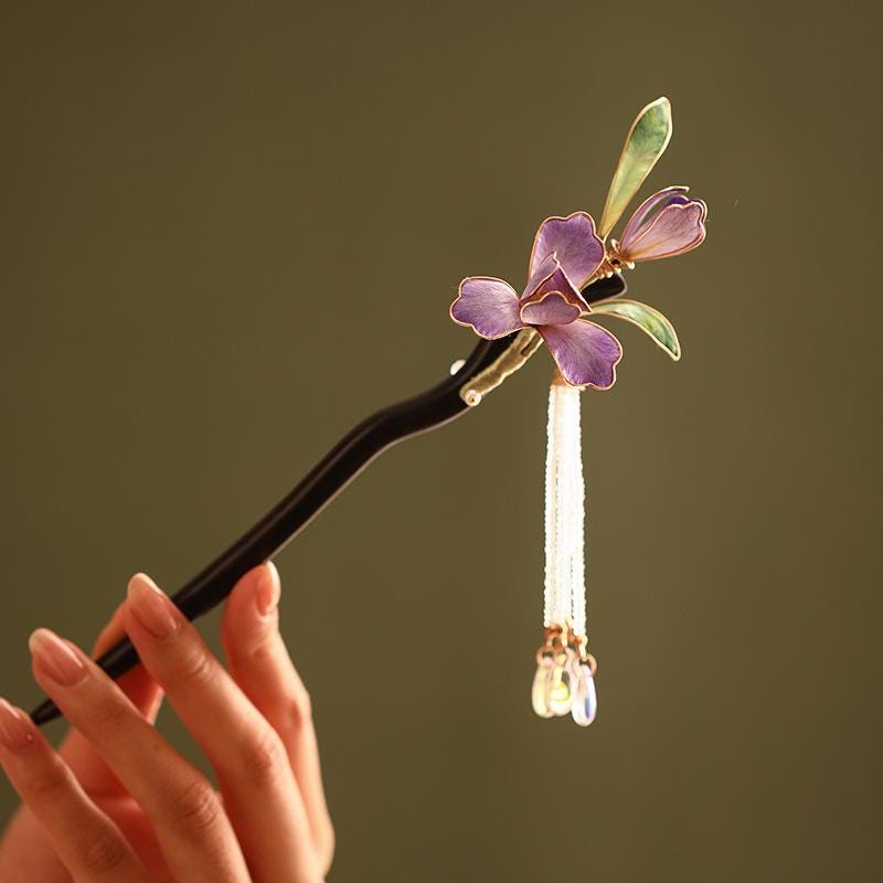Ebony Hair Stick Blue Hydrangea Butterfly