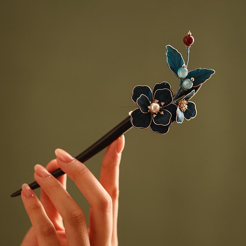 Ebony Hair Stick Blue Hydrangea Butterfly