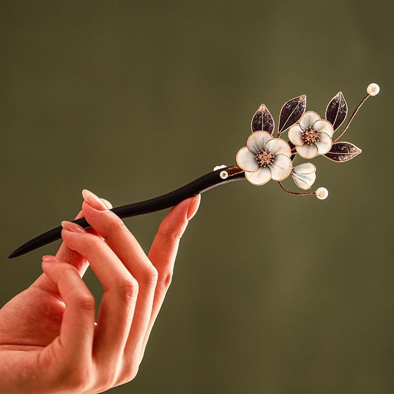 Ebony Hair Stick Blue Hydrangea Butterfly