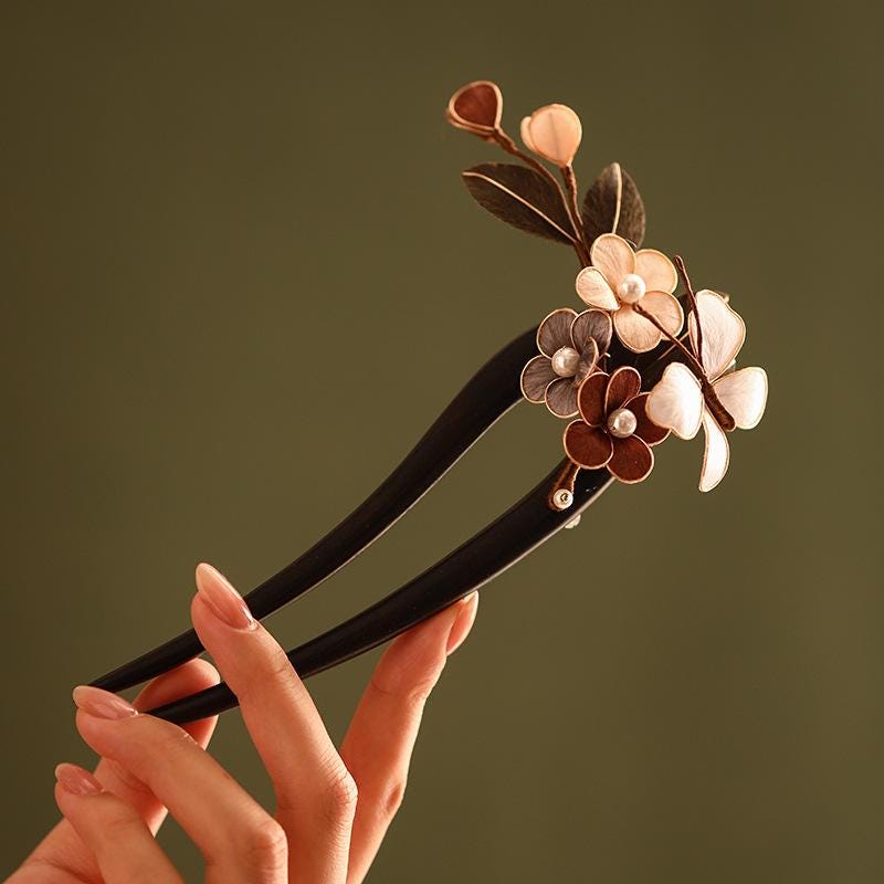 Ebony Hair Stick Blue Hydrangea Butterfly