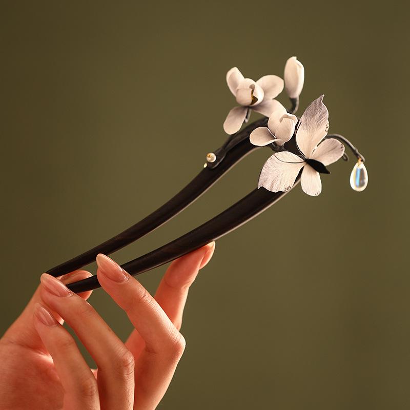 Ebony Hair Stick Blue Hydrangea Butterfly