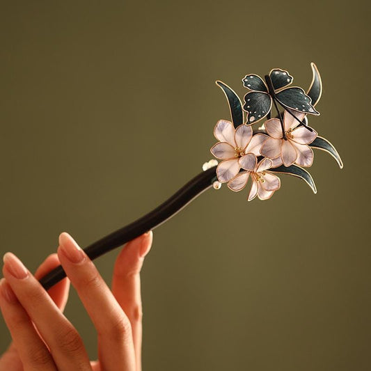 Ebony Hair Stick Blue Hydrangea Butterfly