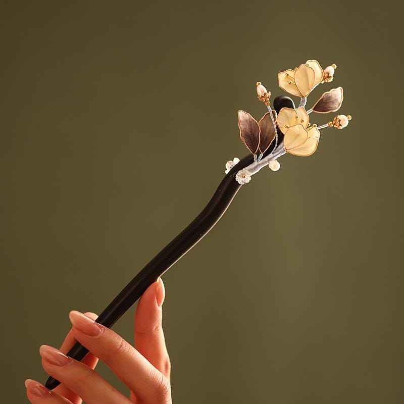 Ebony Hair Stick Blue Hydrangea Butterfly