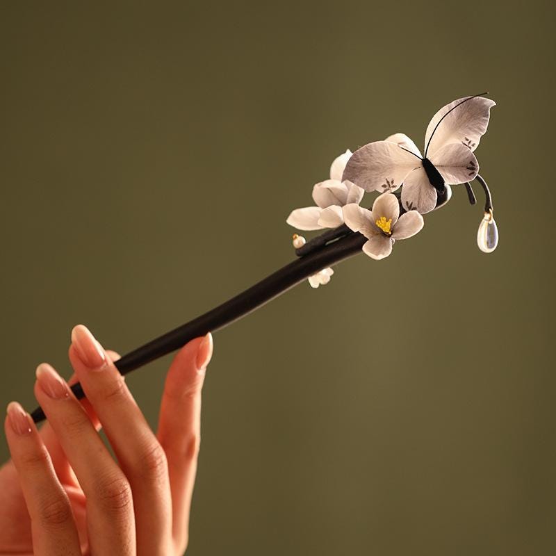 Ebony Hair Stick Blue Hydrangea Butterfly