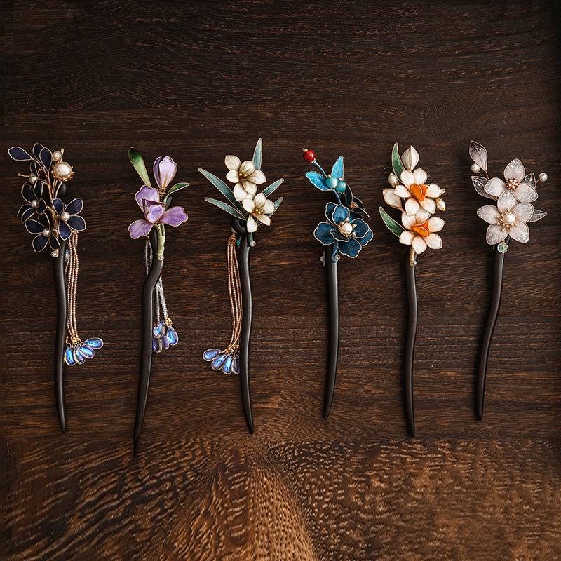 Ebony Hair Stick Blue Hydrangea Butterfly