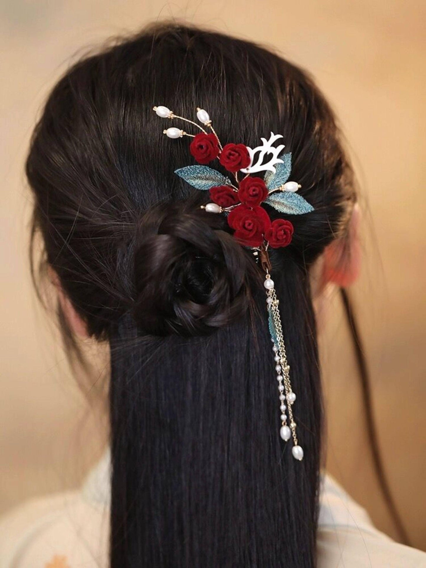 Red Camellia Bridal Hair Clip Ronghua Velvet Flower
