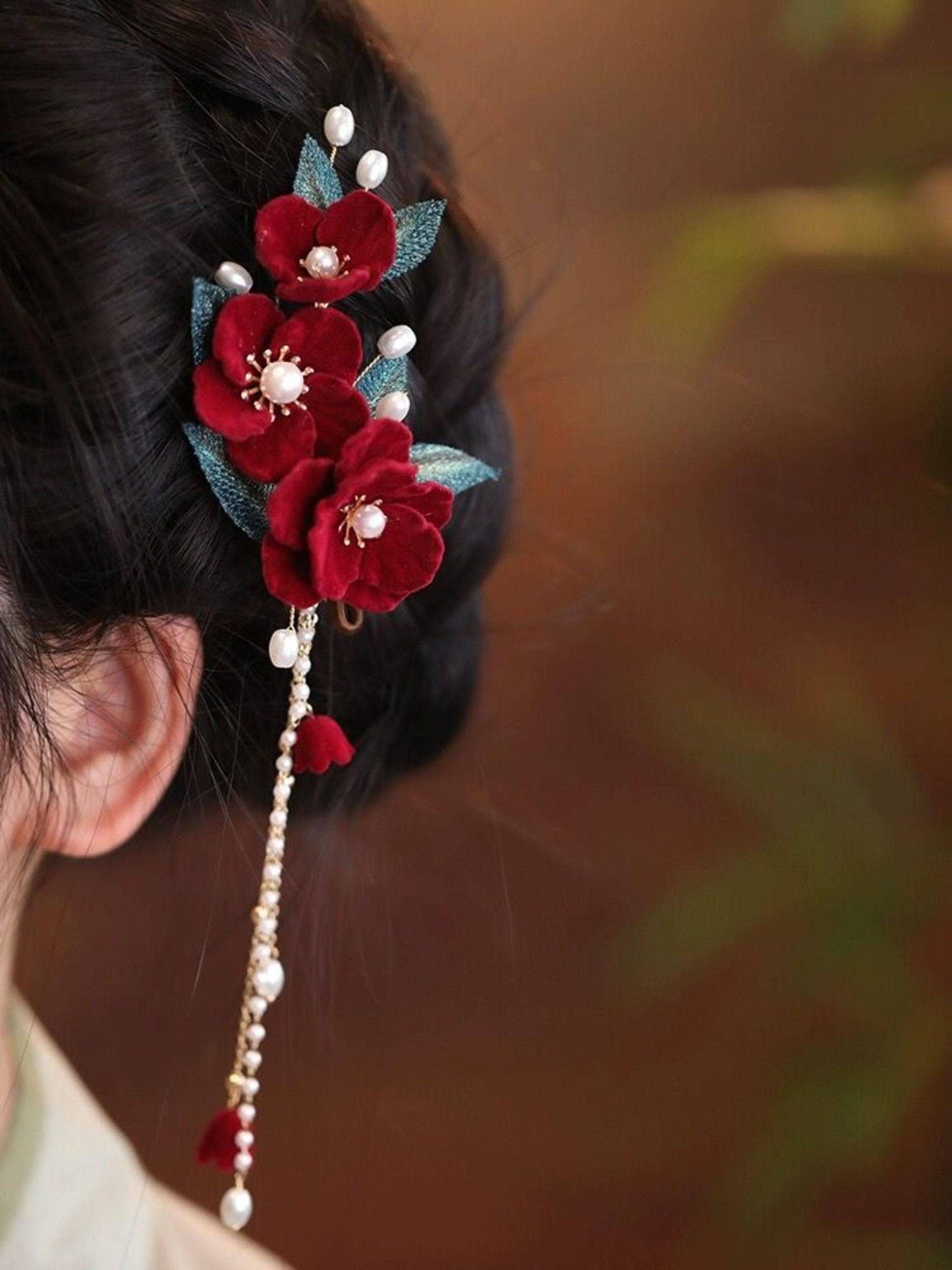 Red Camellia Bridal Hair Clip Ronghua Velvet Flower