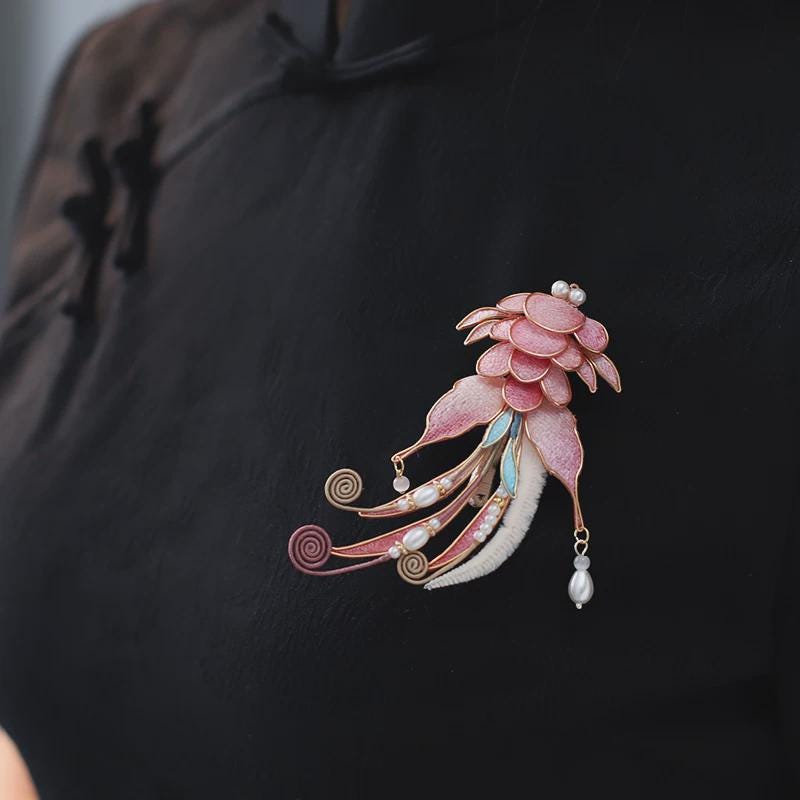 Velvet Phoenix Brooch Handmade Ronghua Pearl Tassel