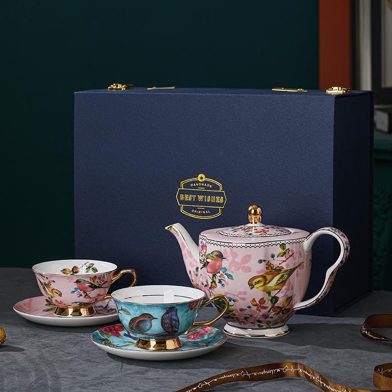 Bone China Tea Cup Set Bird and Floral Design