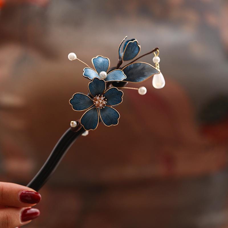 Handmade Enamel Flower Hair Stick Ebony Kingfisher Pearl