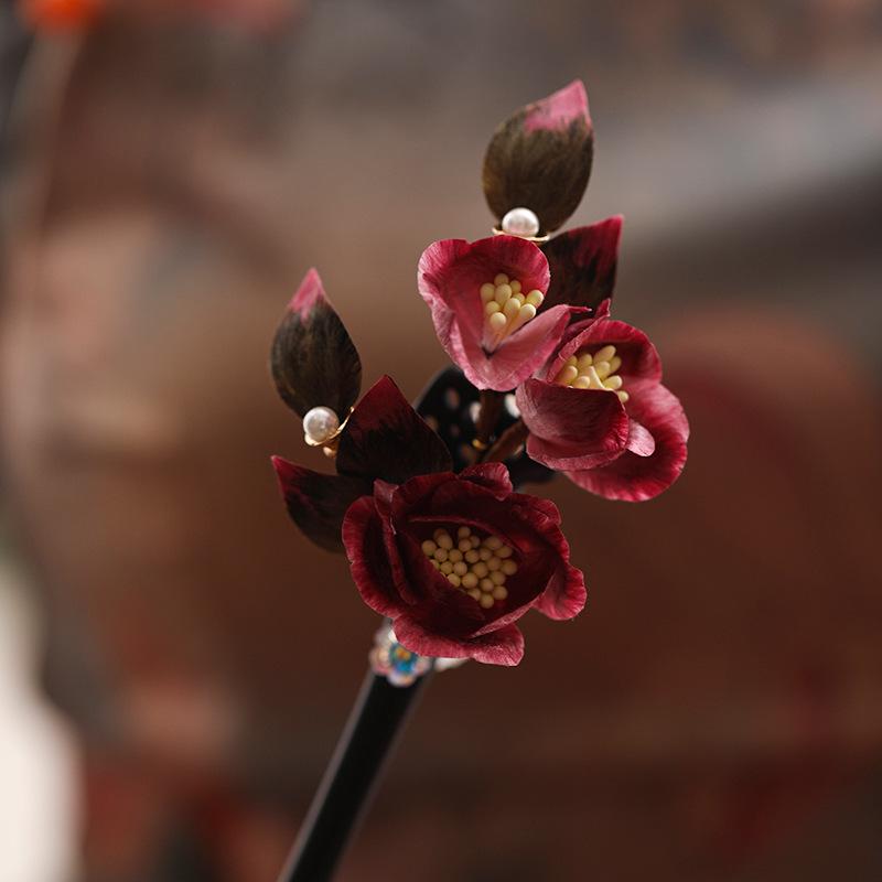 Handmade Enamel Flower Hair Stick Ebony Kingfisher Pearl